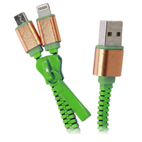  Zipzáros töltő kábel 80 cm, lightning + micro USB, zöld 